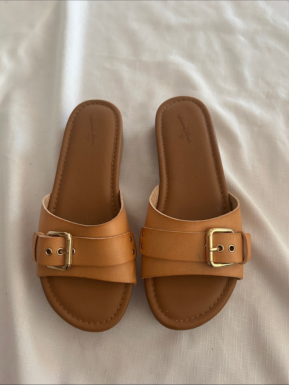 Universal Thread Tan Leather Slide Mules with Gold Buckles